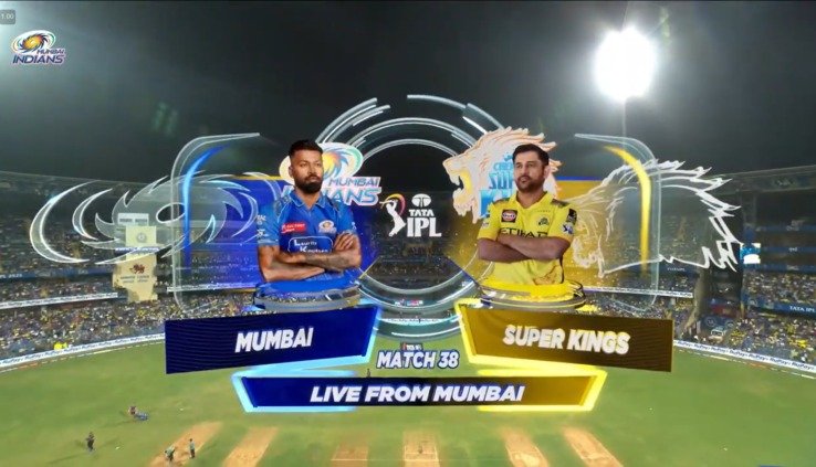 Live sports broadcast graphics — IPL Mumbai vs Super Kings
